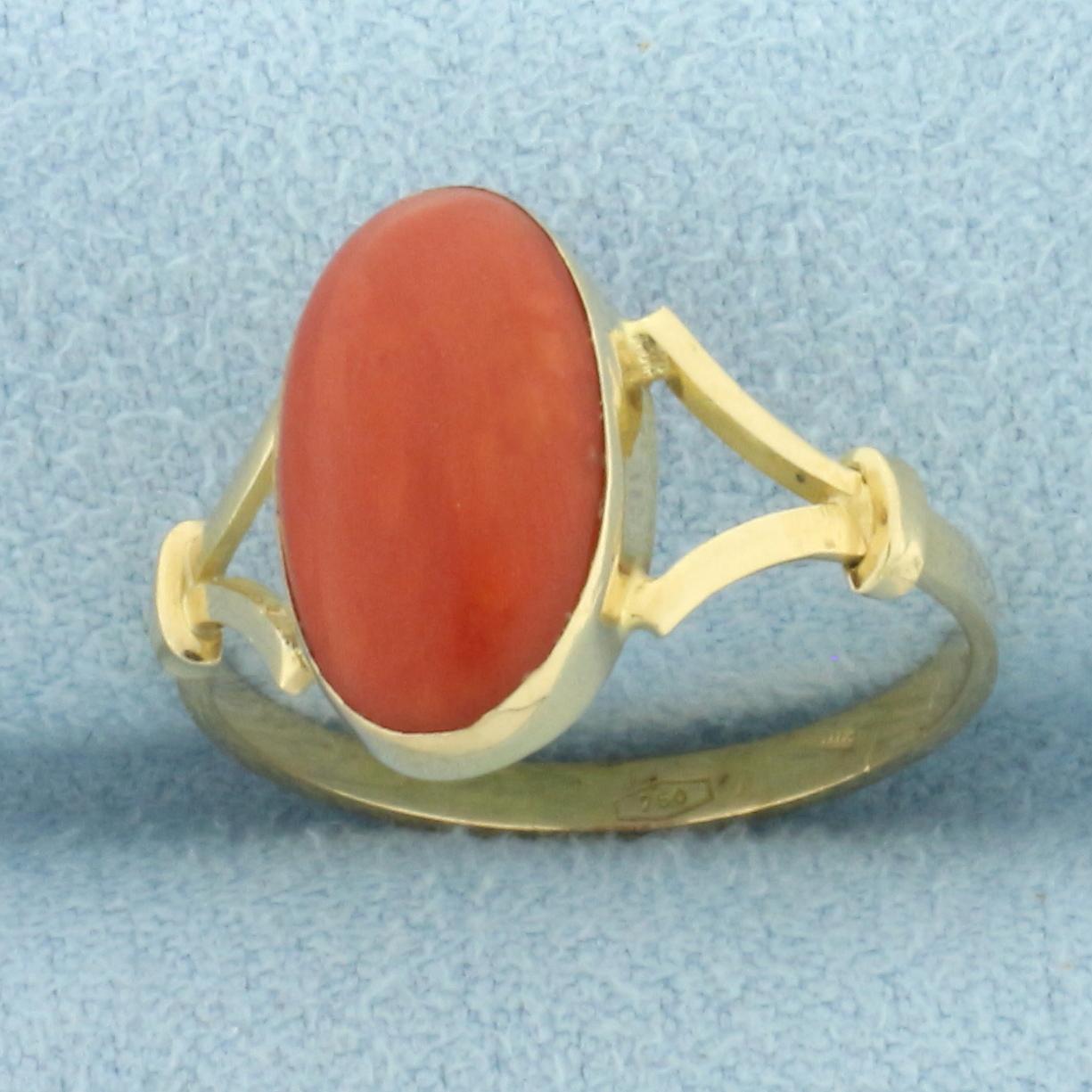 Bezel Set Red Coral Solitaire Ring In 18k Yellow Gold