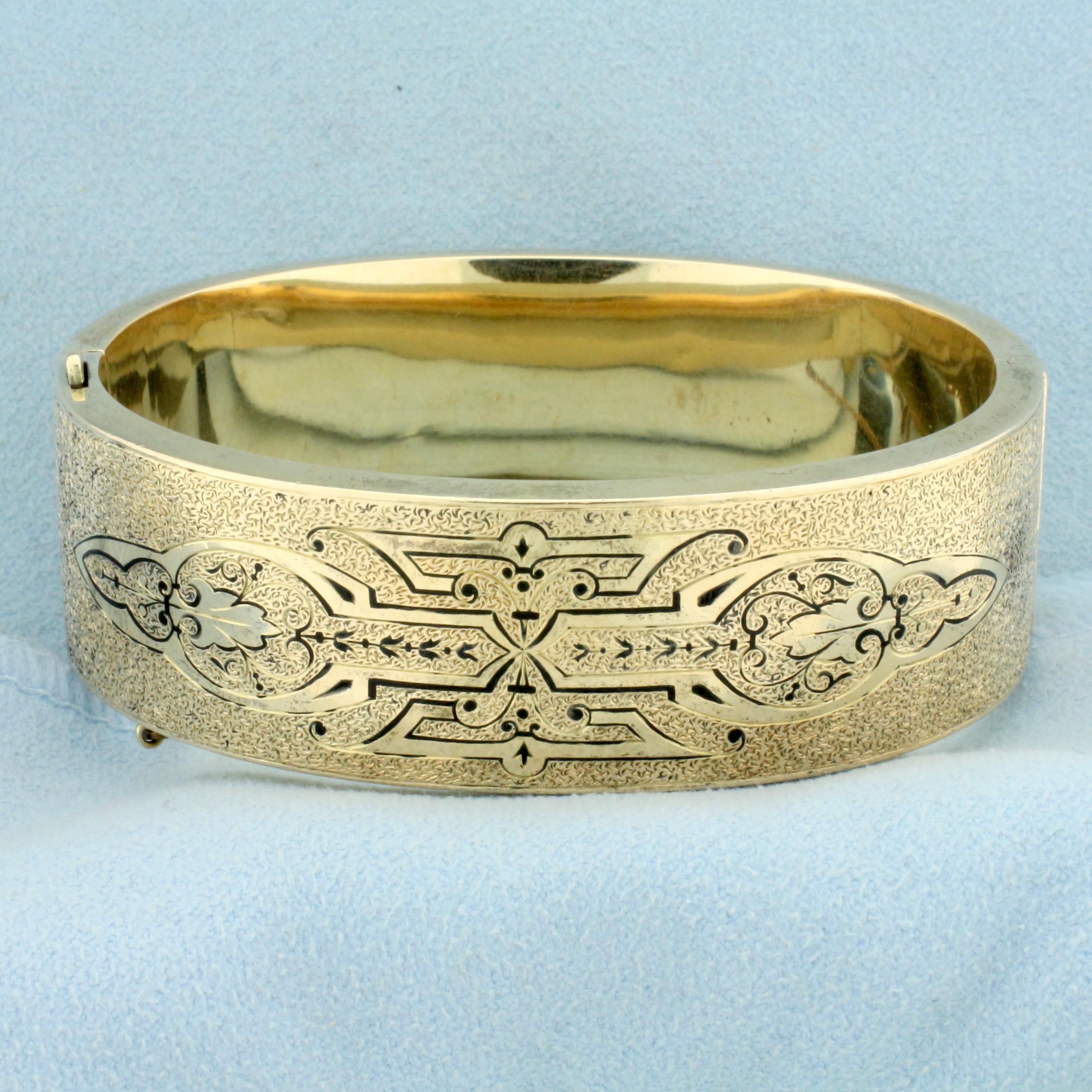 Vintage Engraved And Enameled Bangle Bracelet In 12k Yellow Gold