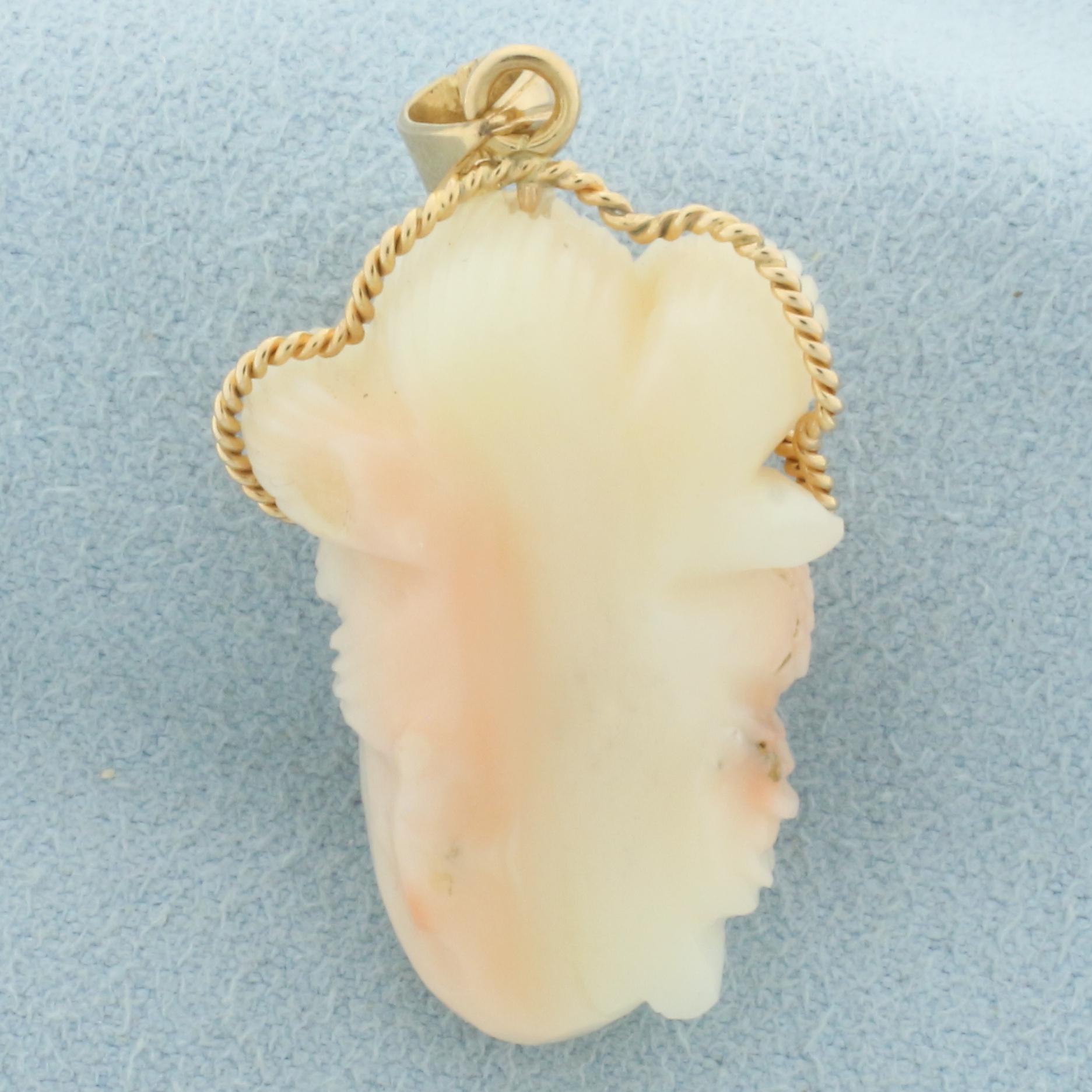 Vintage Hand Carved Angel Skin Coral Asian Women Pendant In 14k Yellow Gold