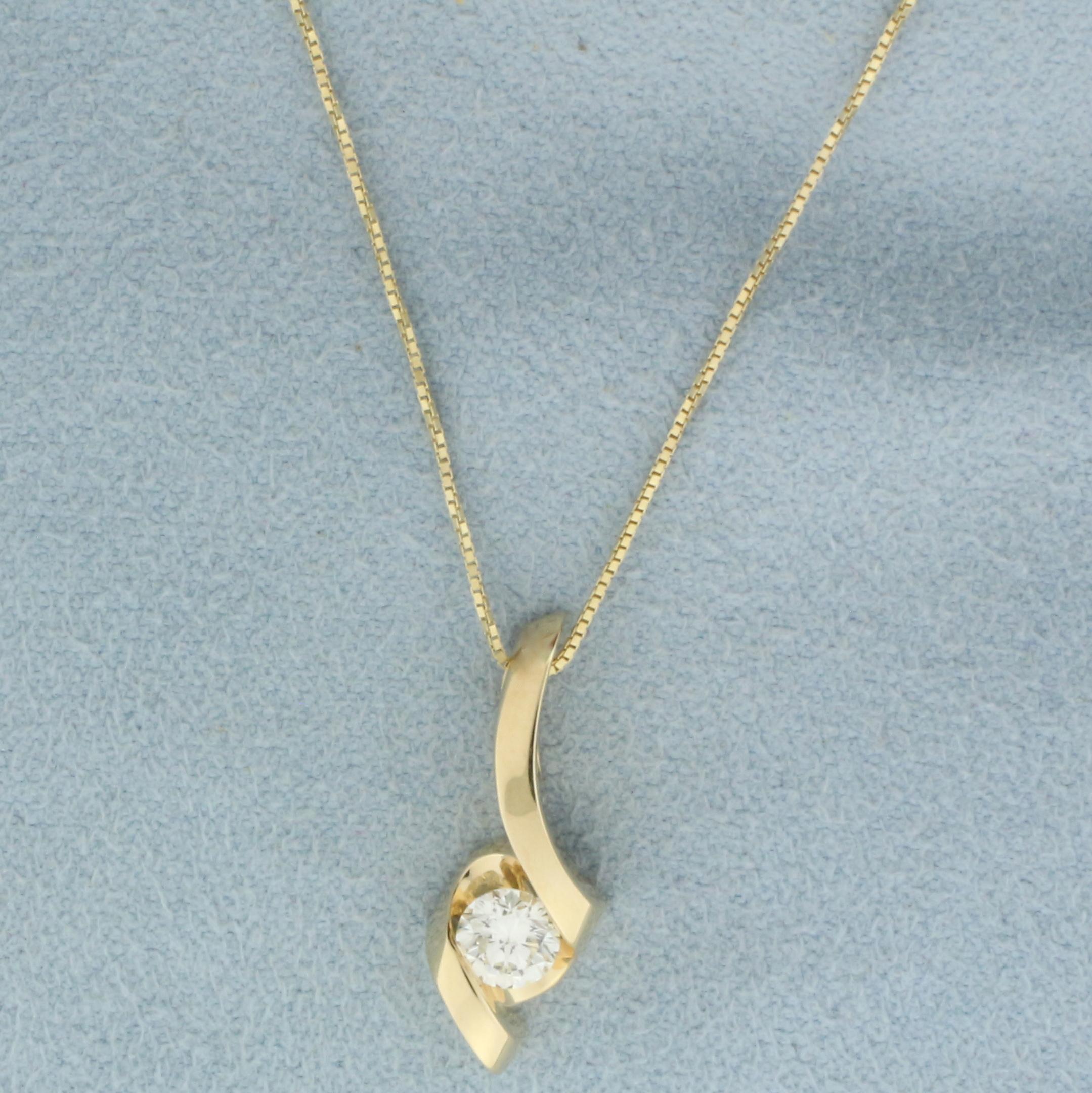 Diamond Solitaire Ribbon Design Necklace In 14k Yellow Gold