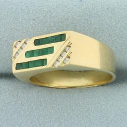 Mens Emerald And Diamond Ring In 18k Yellow Gold