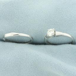 Antique Old European Diamond Engagement Ring And Wedding Band Bridal Set In 18k White Gold