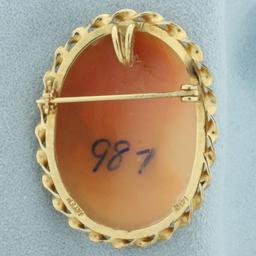 Carved Shell Right Facing Cameo Pendant Brooch Pin In 14k Yellow Gold