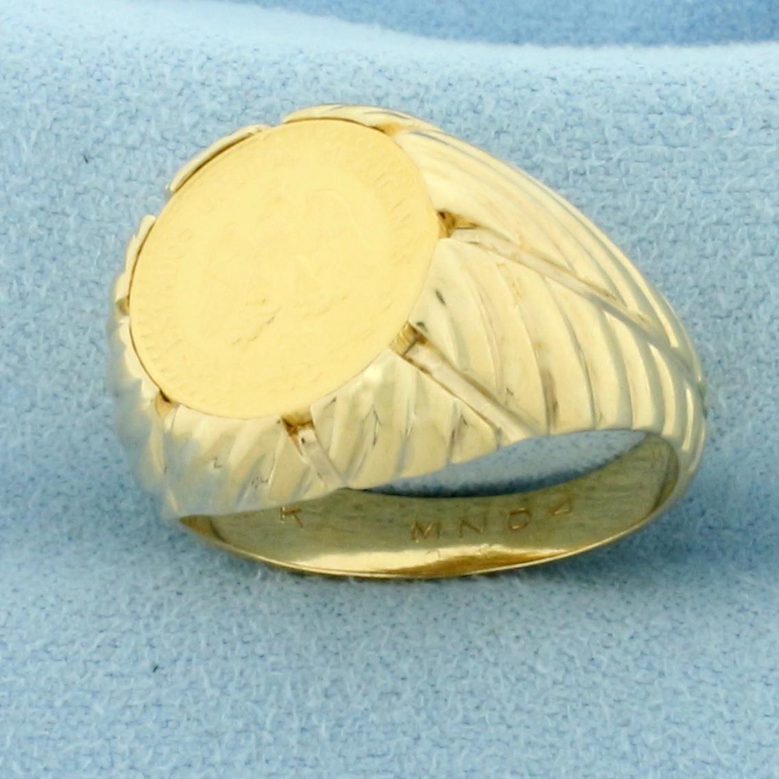 Mens 1945 Mexican Dos Pesos Gold Coin Ring In 14k Yellow Gold