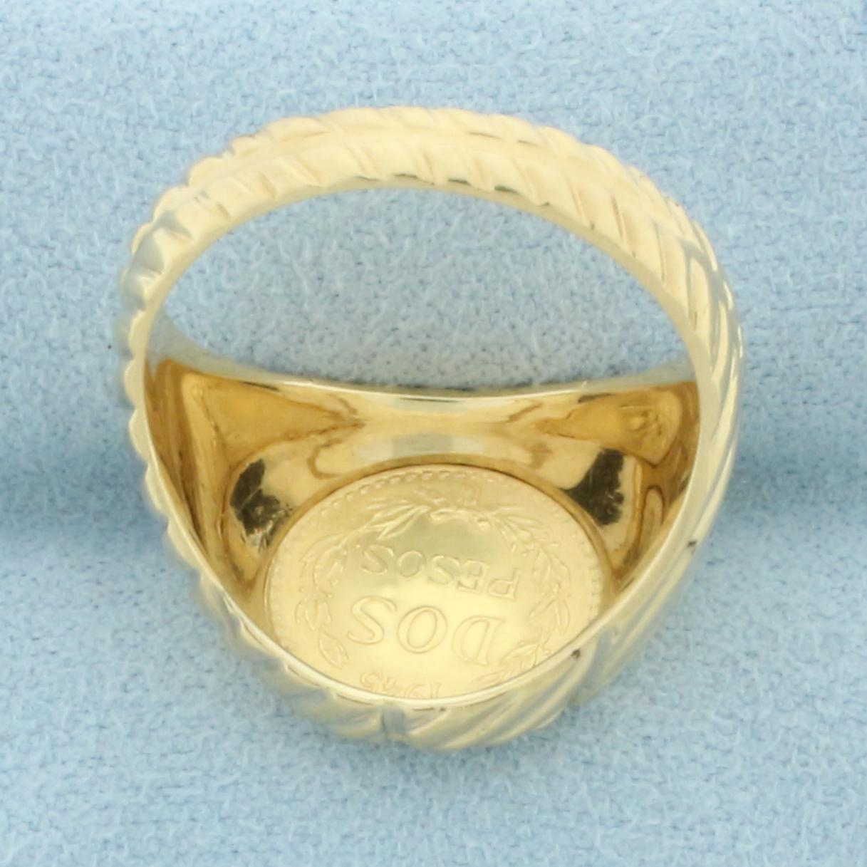 Mens 1945 Mexican Dos Pesos Gold Coin Ring In 14k Yellow Gold