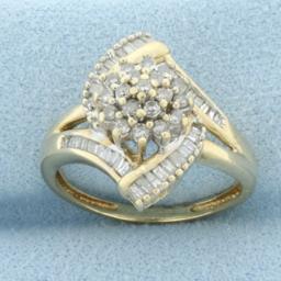 Baguette And Round Diamond Cocktail Ring In 10k Yellow Gold