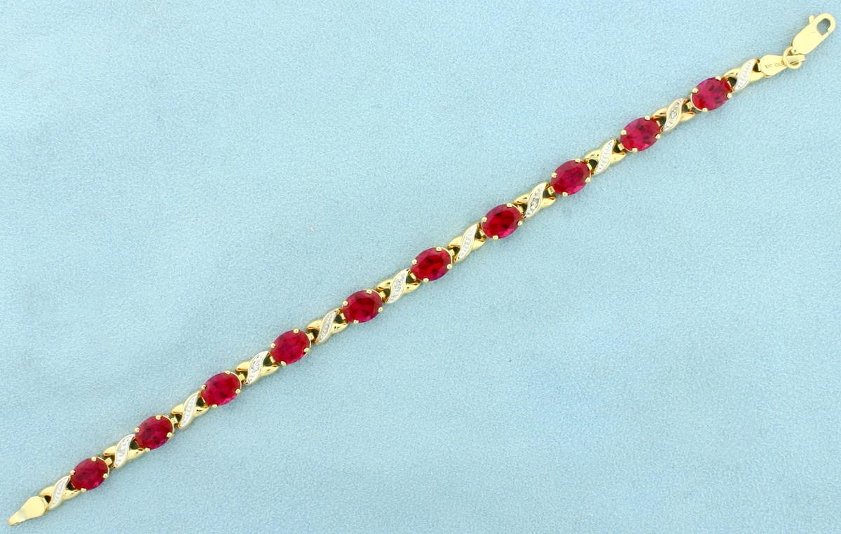 15ct Lab Ruby And Diamond Bracelet In 10k Yellow Gold