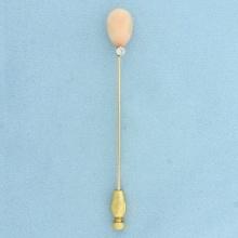 Vintage Angel Skin Pink Coral And Diamond Stick Pin In 14k Yellow Gold