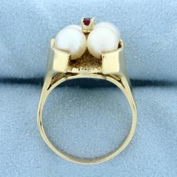 Designer Akoya Pearl And Ruby Target Ring In 14k Yellow Gold