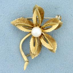 Italian Made Pearl Flower Pin In 14k Yellow Gold