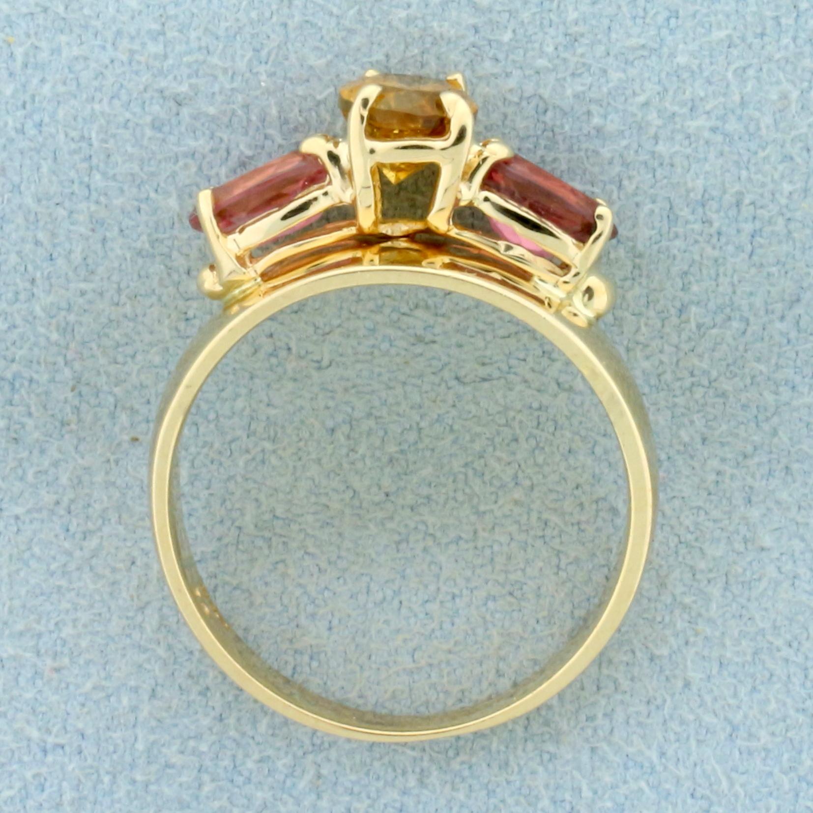 Citrine And Morganite Three Stone Ring In 14k Yellow Gold