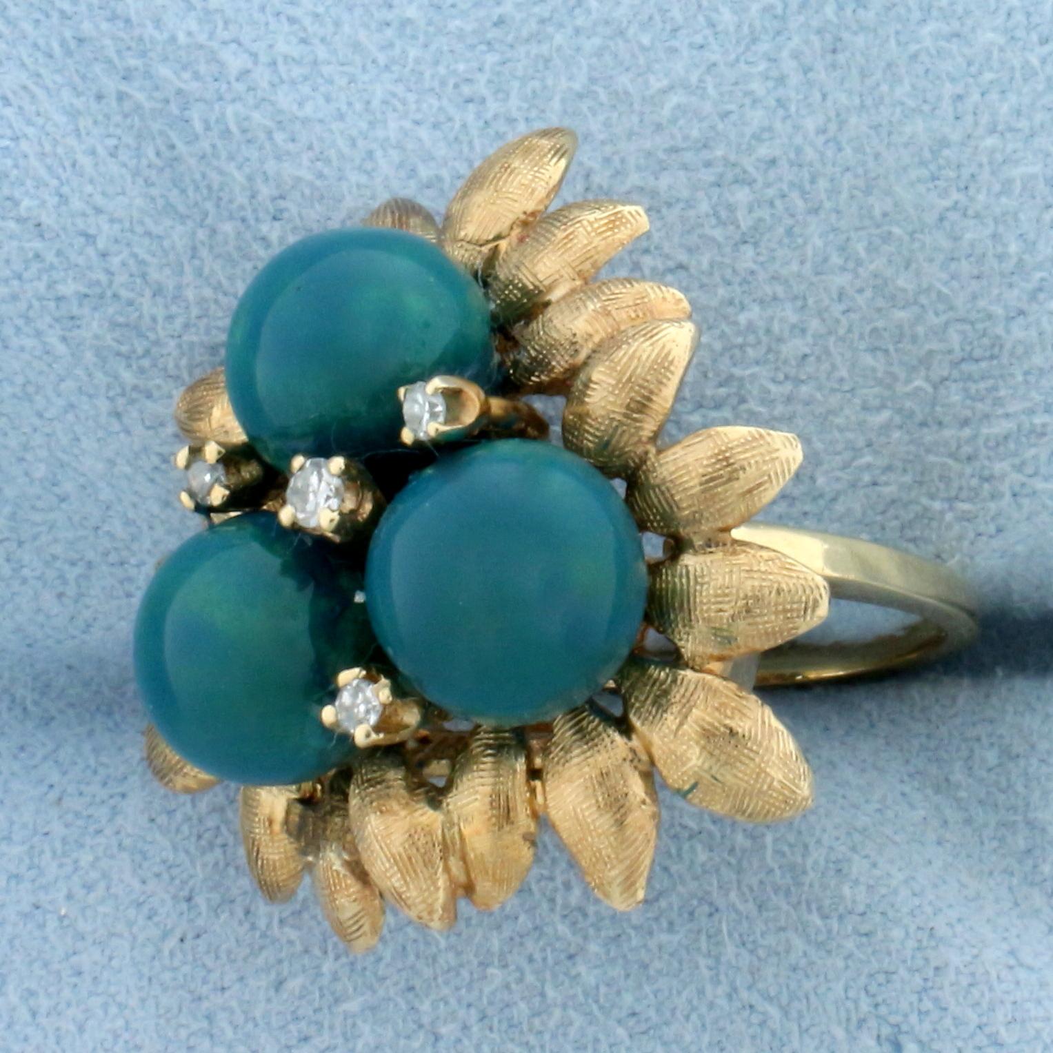 Turquoise And Diamond Flower Ring In 14k Yellow Gold