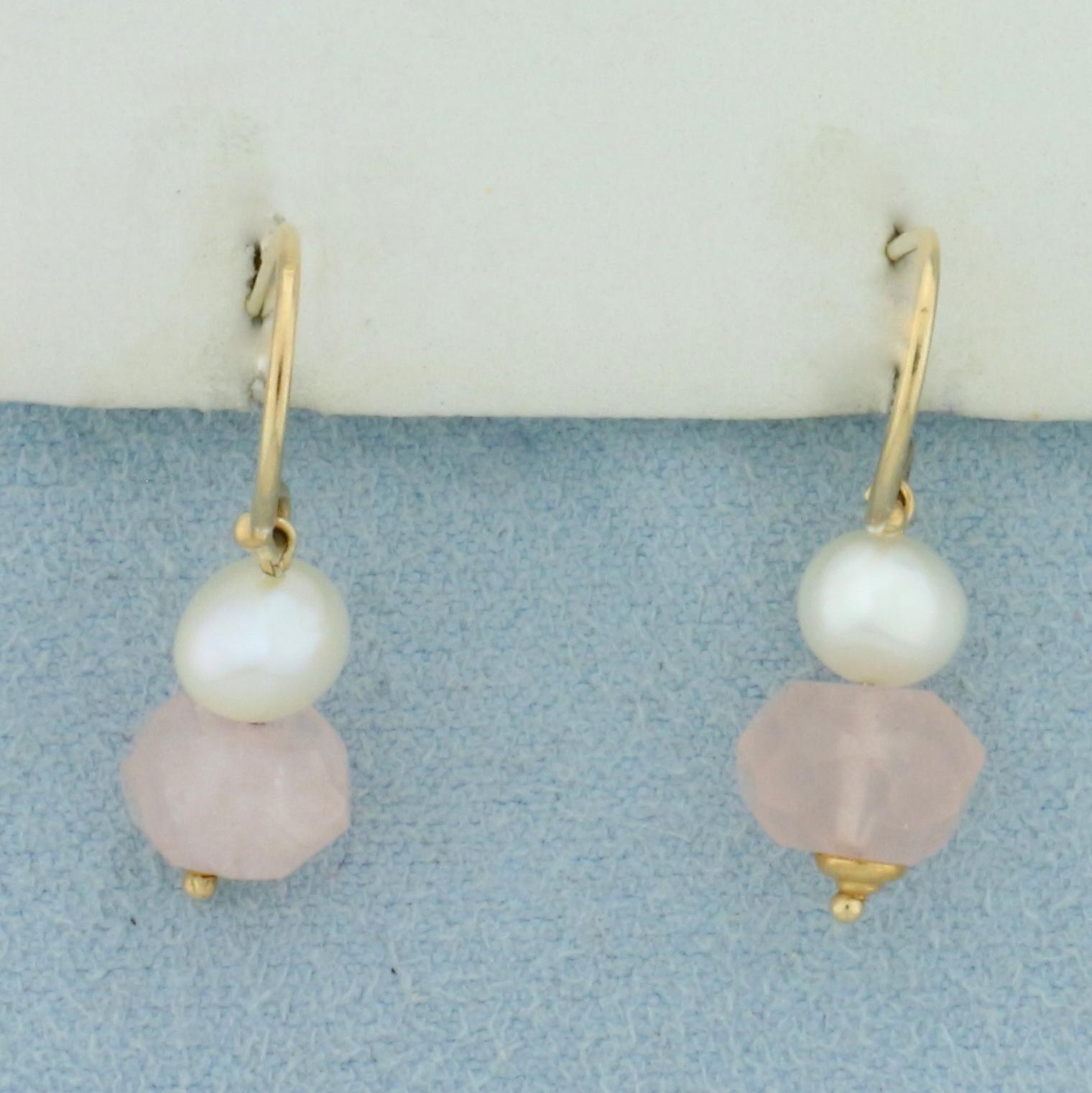 Pink Quartz And Pearl Dangle Earrings In 14k Yellow Gold