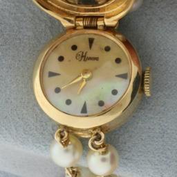 Vintage Honora Akoya Cultured Pearl Concealed Watch In 14k Yellow Gold