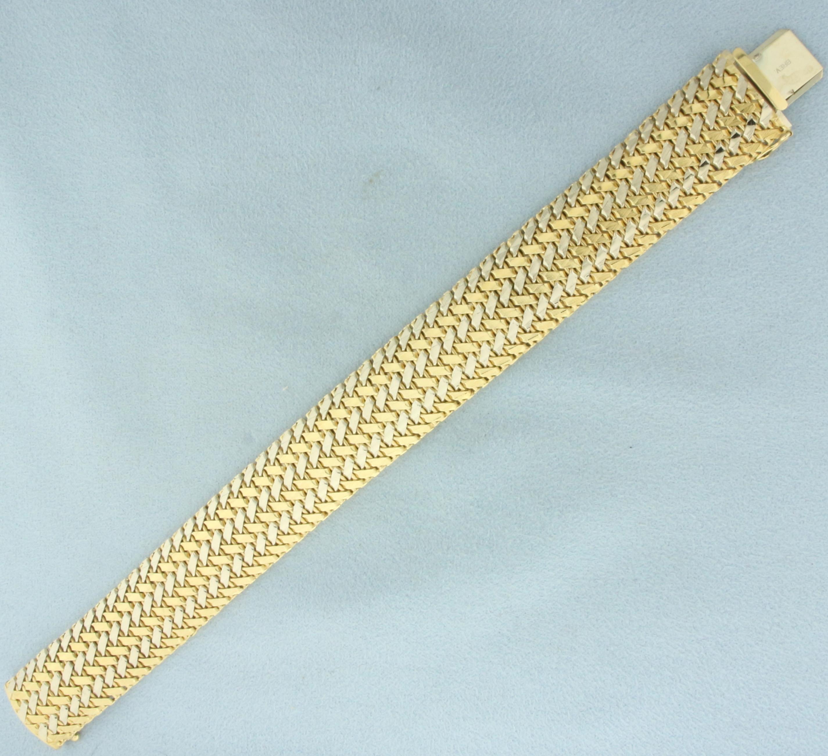 Two Tone Woven Link Wide Bracelet In 18k Yellow And White Gold