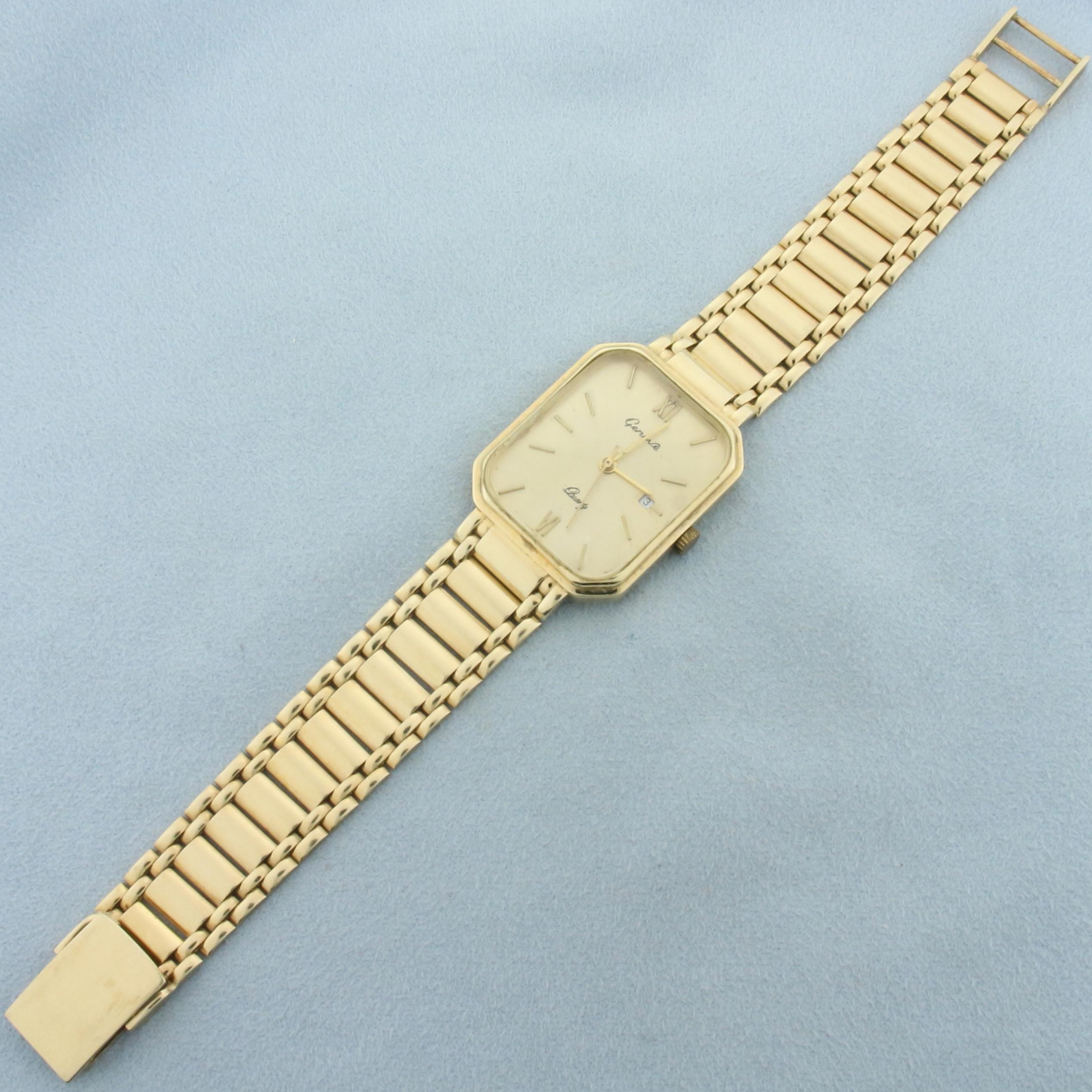 Geneve Quartz Watch In Solid 14k Yellow Gold Case And Bracelet