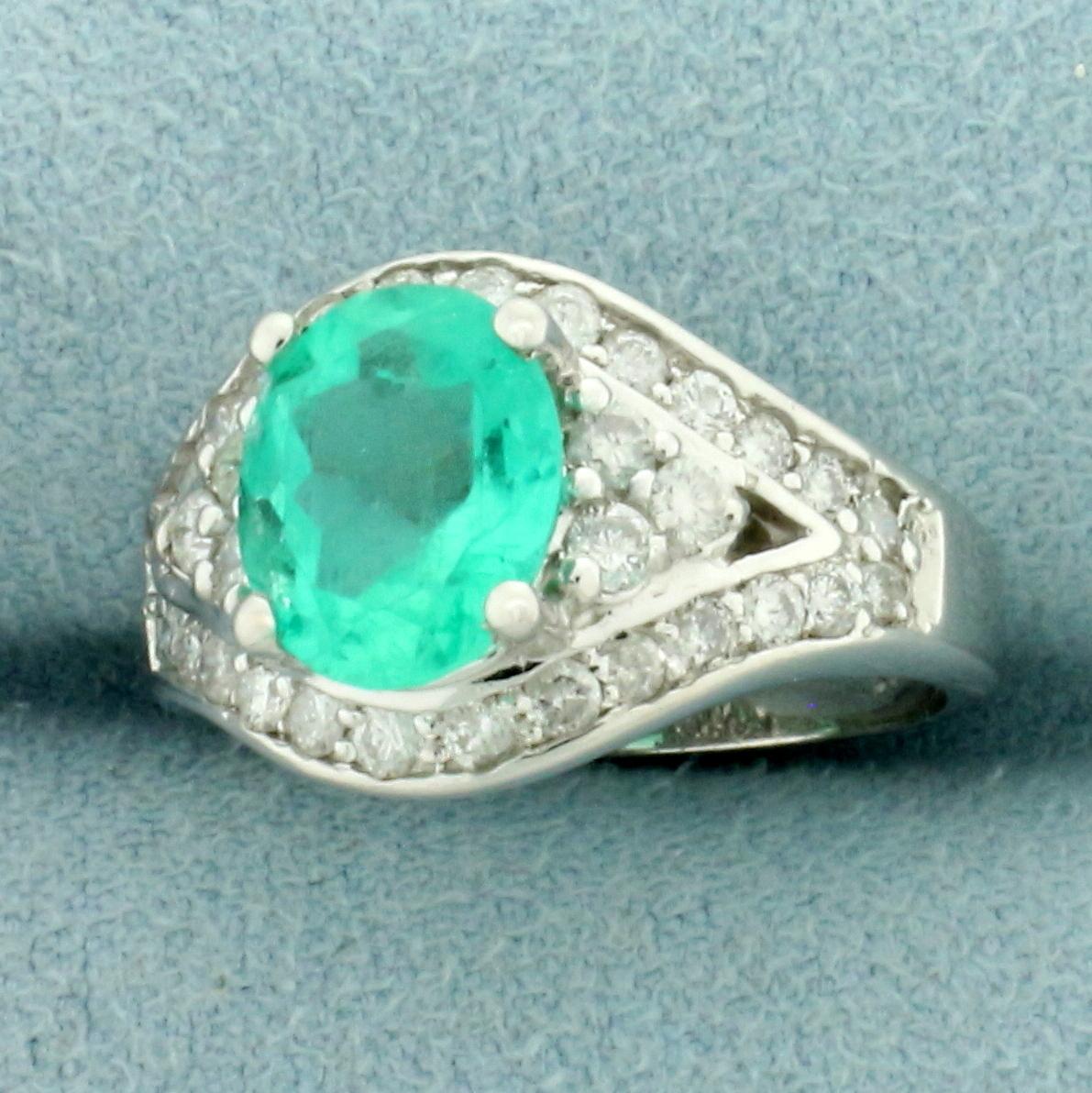 2ct Emerald And Diamond Ring In 14k White Gold