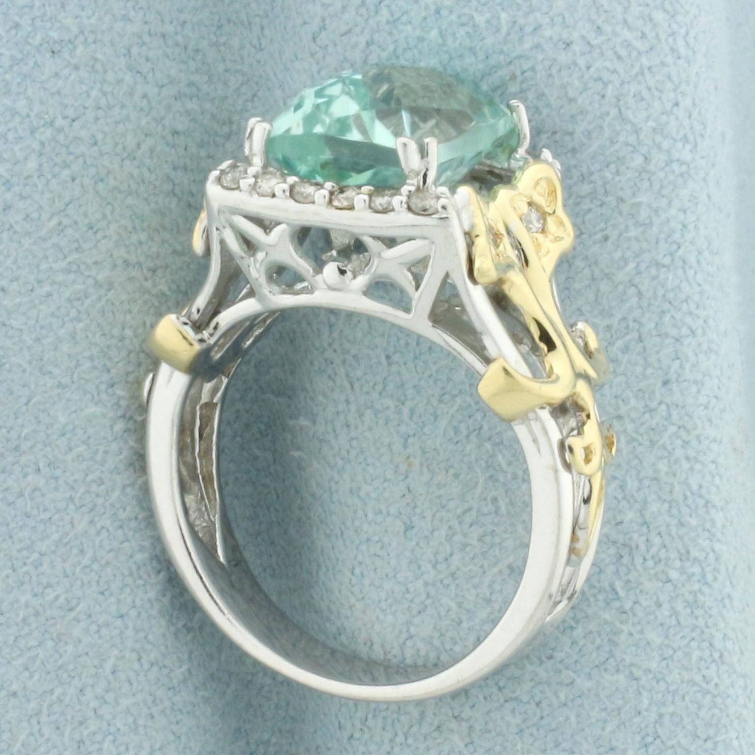 Fancy Checkerboard Cut Aquamarine And Diamond Ring In 14k White And Yellow Gold