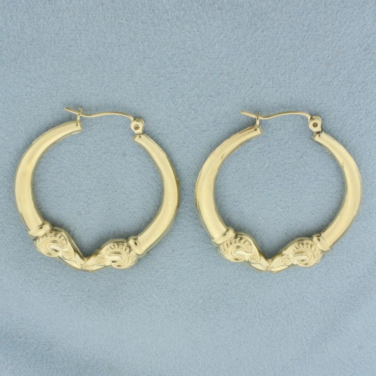 Vintage Double Ram's Head Hoop Earrings In 14k Yellow Gold