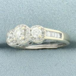 3-stone Diamond Halo Engagement Or Wedding Ring In 14k White Gold