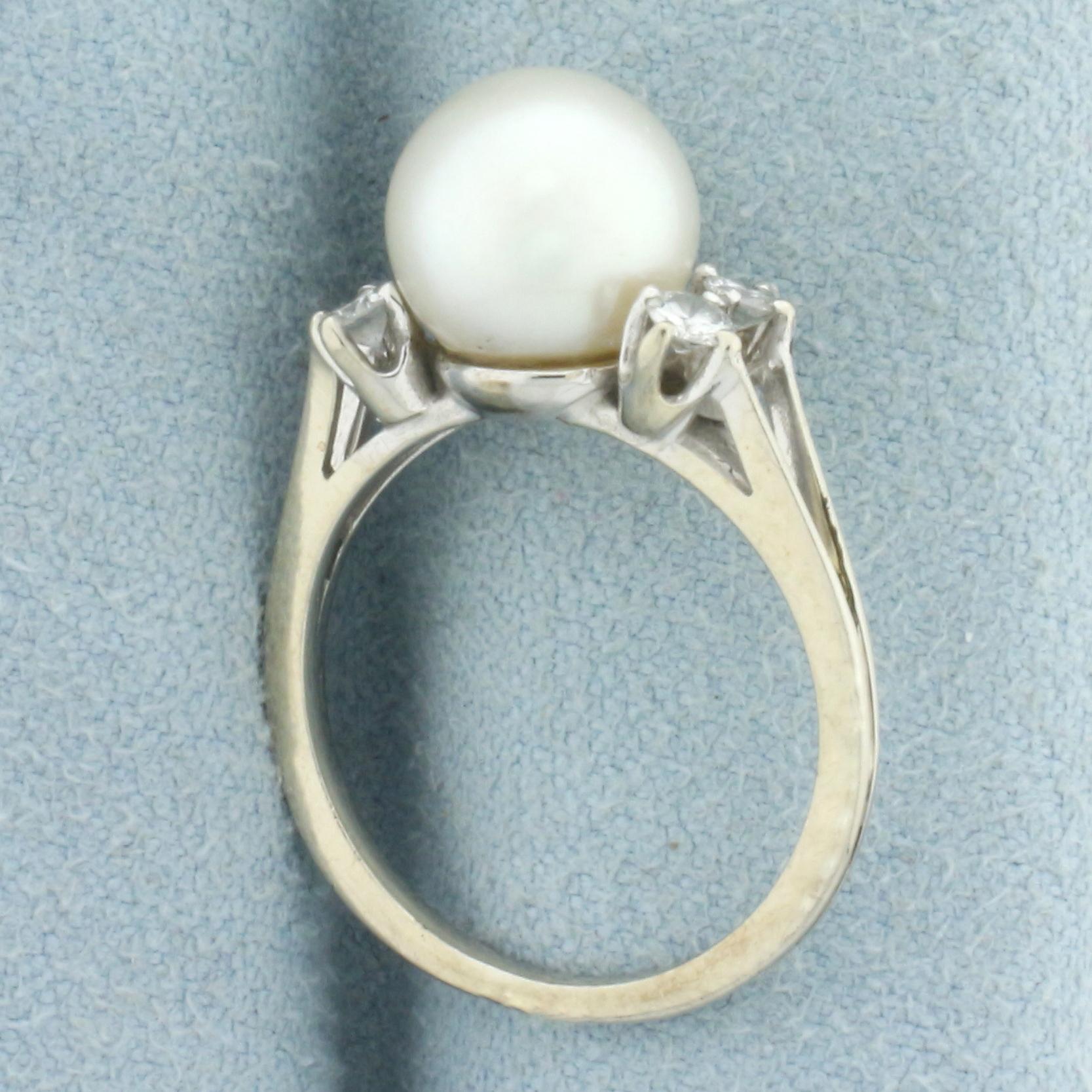 Akoya Pearl And Diamond Ring In 14k White Gold