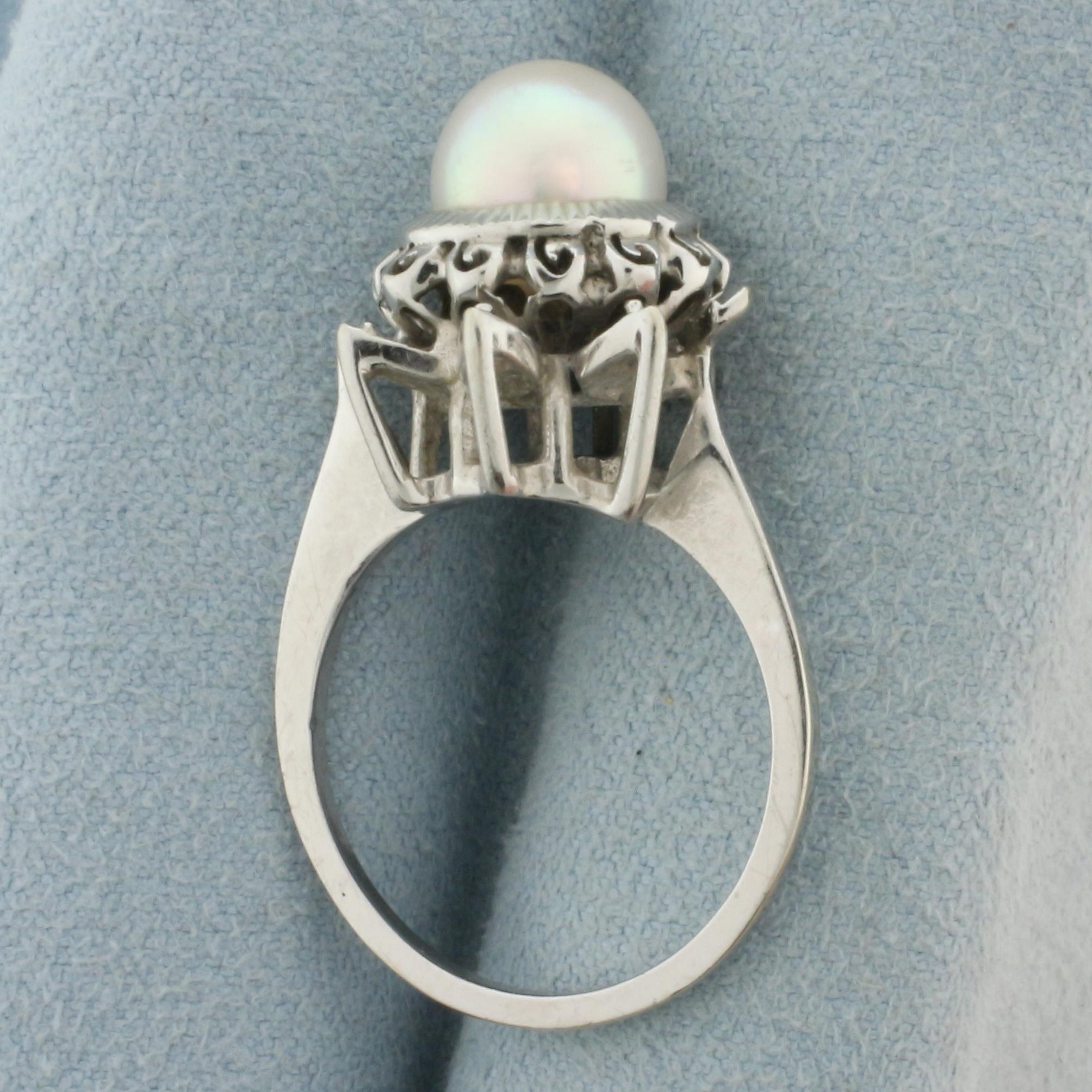 Vintage Cultured Akoya Pearl Crown Ring In 14k White Gold