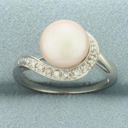 Pink Cultured Button Pearl And Diamond Ring In 10k White Gold