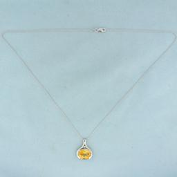 Citrine And Diamond Necklace In 14k White Gold