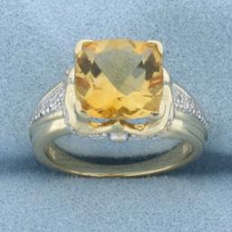 Checkerboard Cut Citrine And Diamond Ring In 14k Yellow Gold