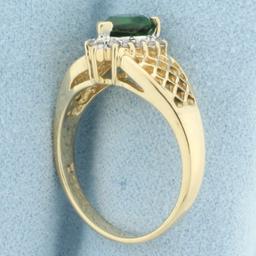 Green Garnet And Diamond Halo Ring In 14k Yellow Gold