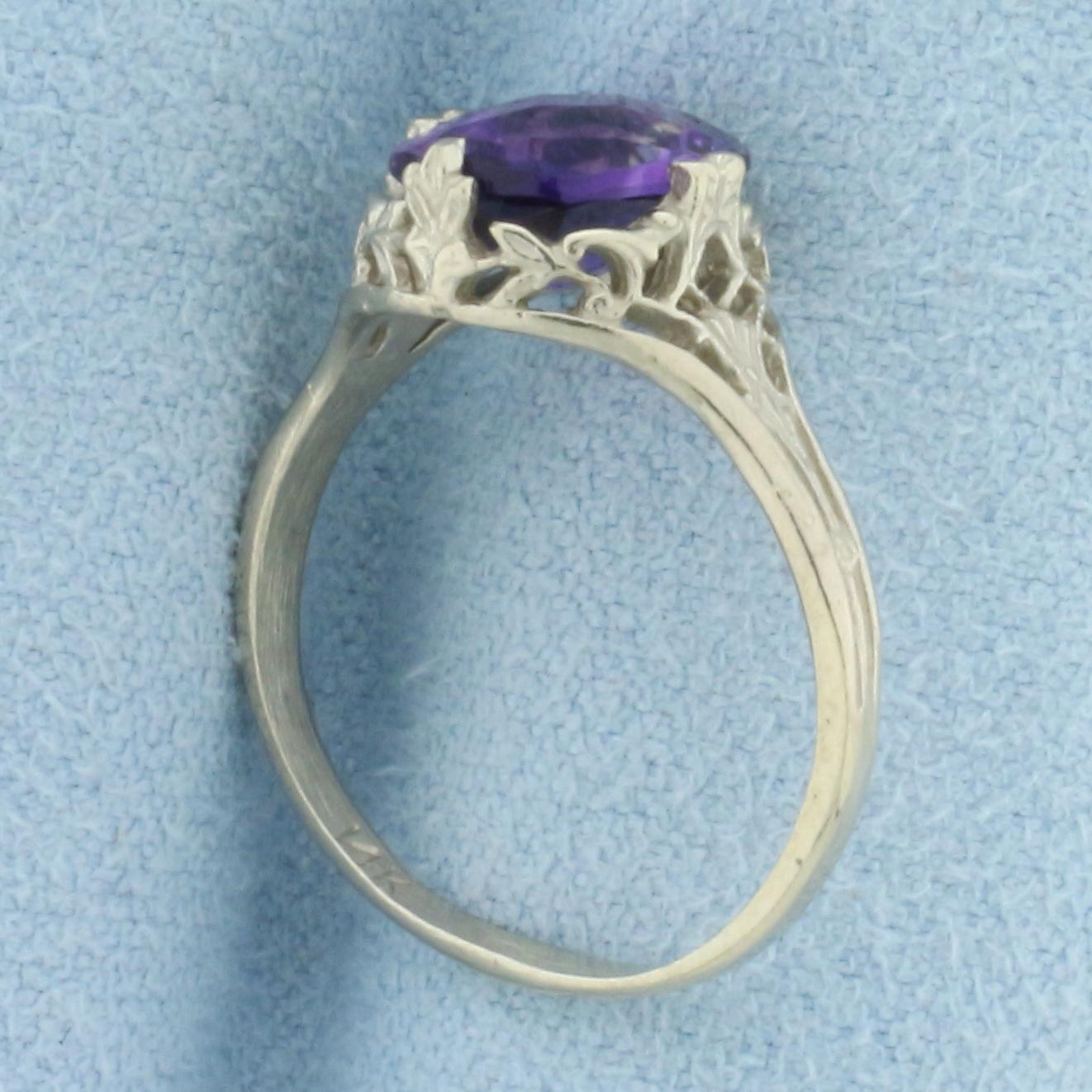 Vintage Amethyst Filigree Ring In 14k White Gold