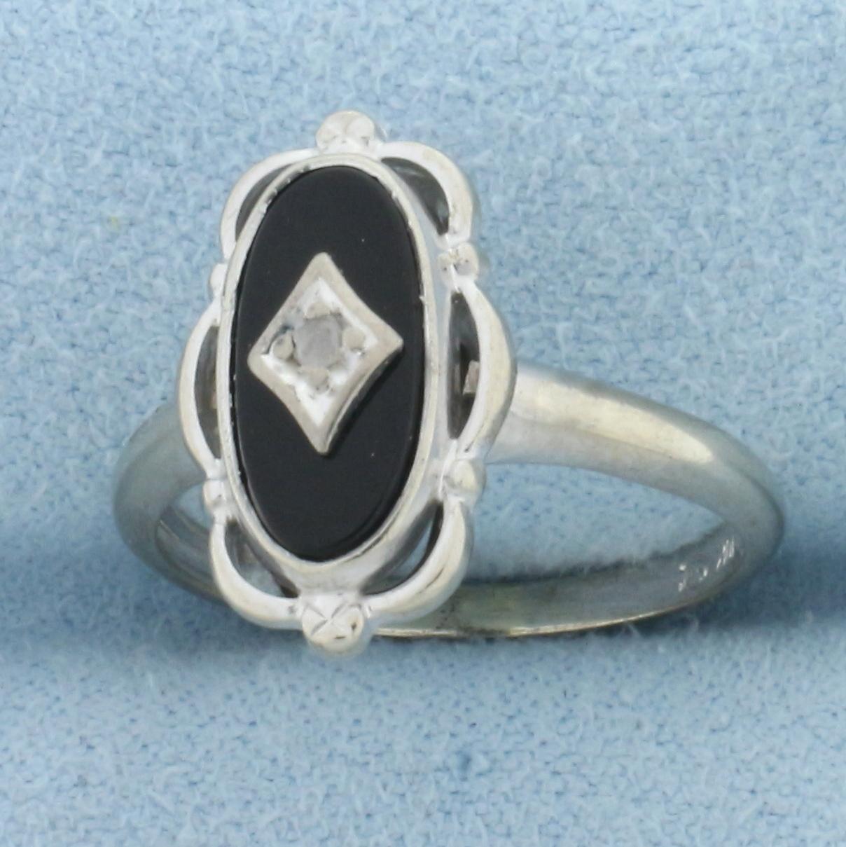 Antique Rose Cut Diamond And Onyx Ring In 10k White Gold