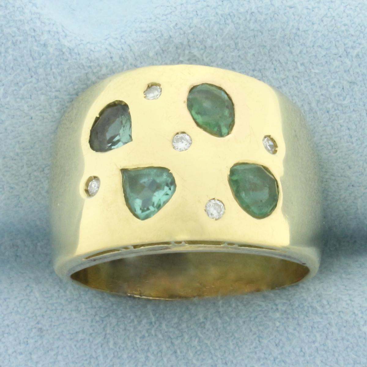 Tsavorite And Diamond Wide Band Ring In 18k Yellow Gold