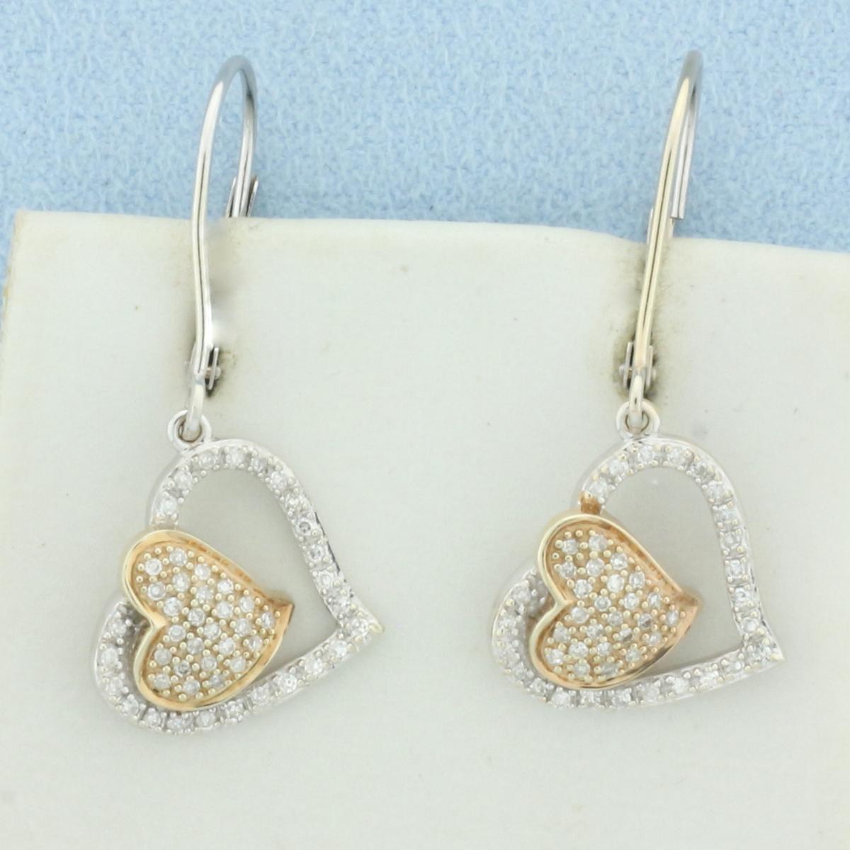 Pave Diamond Heart Dangle Earrings In 14k White And Rose Gold