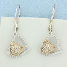 Pave Diamond Heart Dangle Earrings In 14k White And Rose Gold
