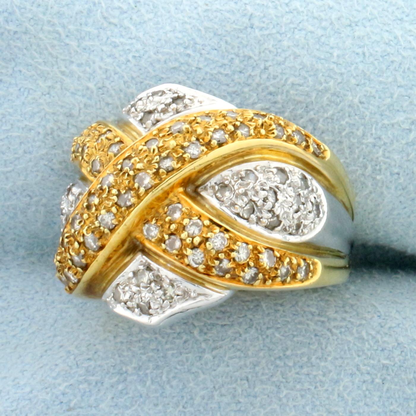 Vintage Diamond Criss Cross Design Statement Ring In 18k Yellow And White Gold