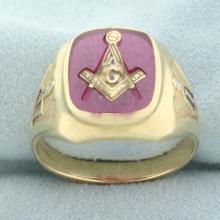 Vintage Lab Ruby Masonic Ring In 10k Yellow Gold