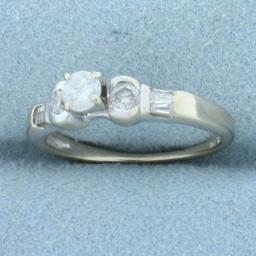 Vintage Round And Baguette Diamond Engagement Ring In 14k White Gold