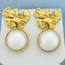 Designer Dangle Mabe Pearl Dangle Earrings In 18k Yellow Gold