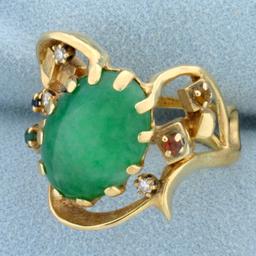 Vintage Jade, Ruby, Sapphire, Emerald, And Diamond Statement Ring In 14k Yellow Gold