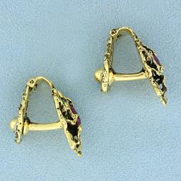 Antique Hand Made Nature Design Ruby Cufflinks In 18k Yellow Gold