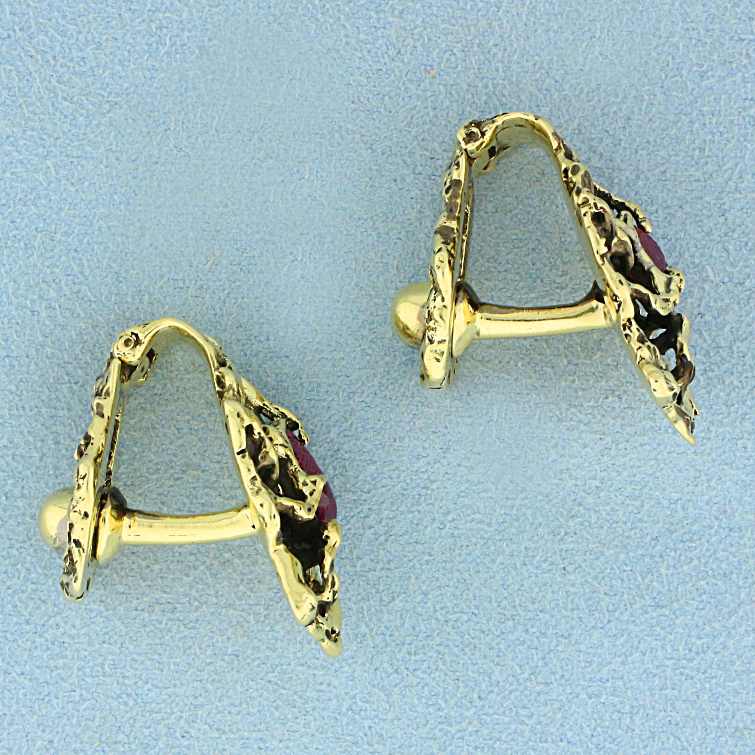 Antique Hand Made Nature Design Ruby Cufflinks In 18k Yellow Gold