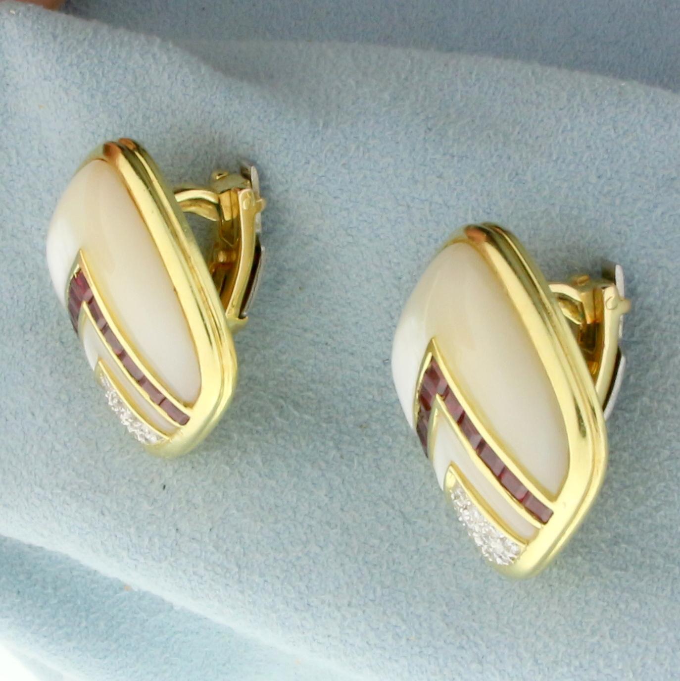 Ruby, Mother Of Pearl And Diamond Clip On Earrings For Non Pierced Ears In 14k Yellow Gold