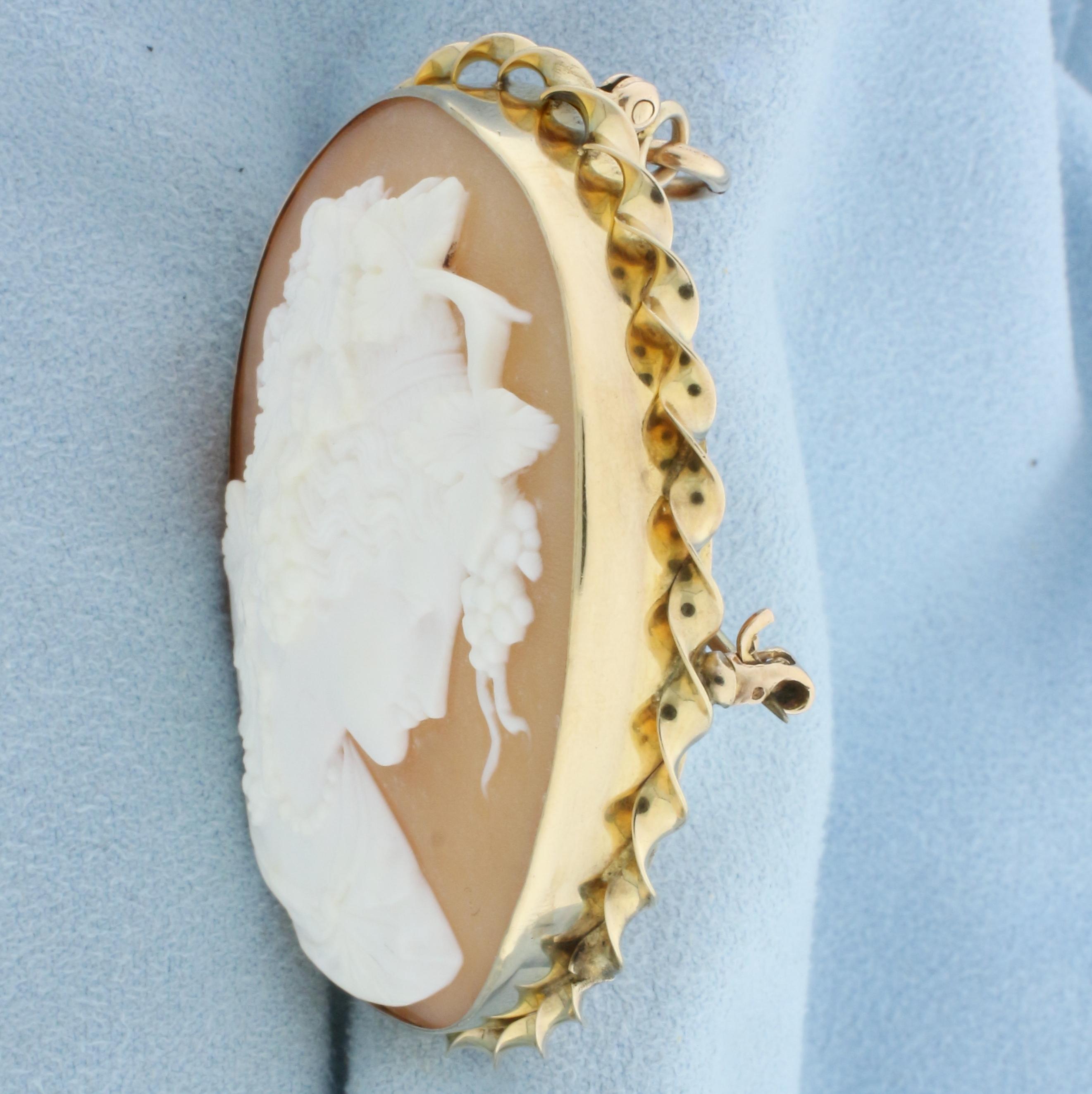 Large Vintage Shell Cameo Pin Or Pendant In 10k Yellow Gold