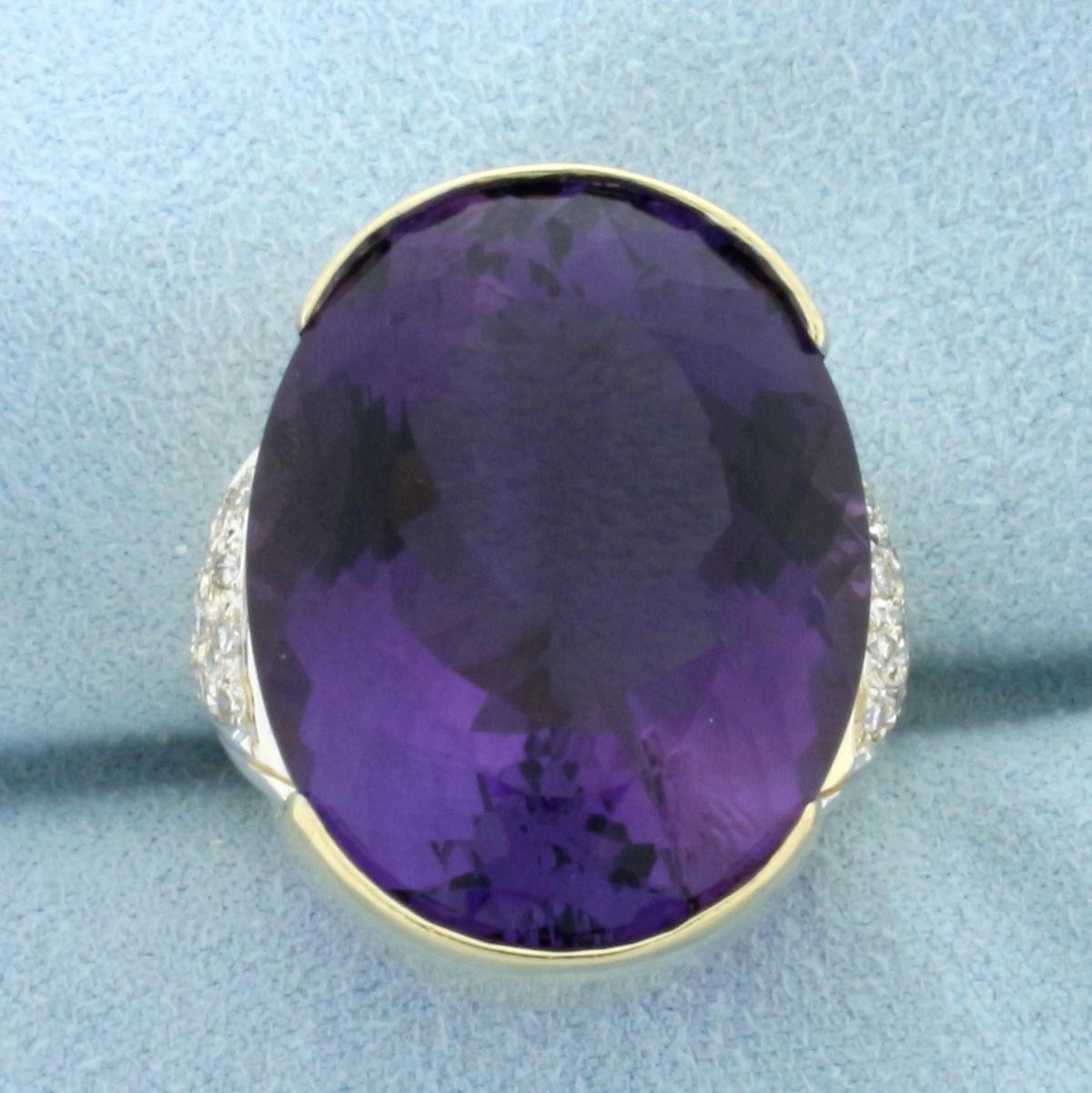 30ct Amethyst And Diamond Statement Ring In 14k Yellow Gold