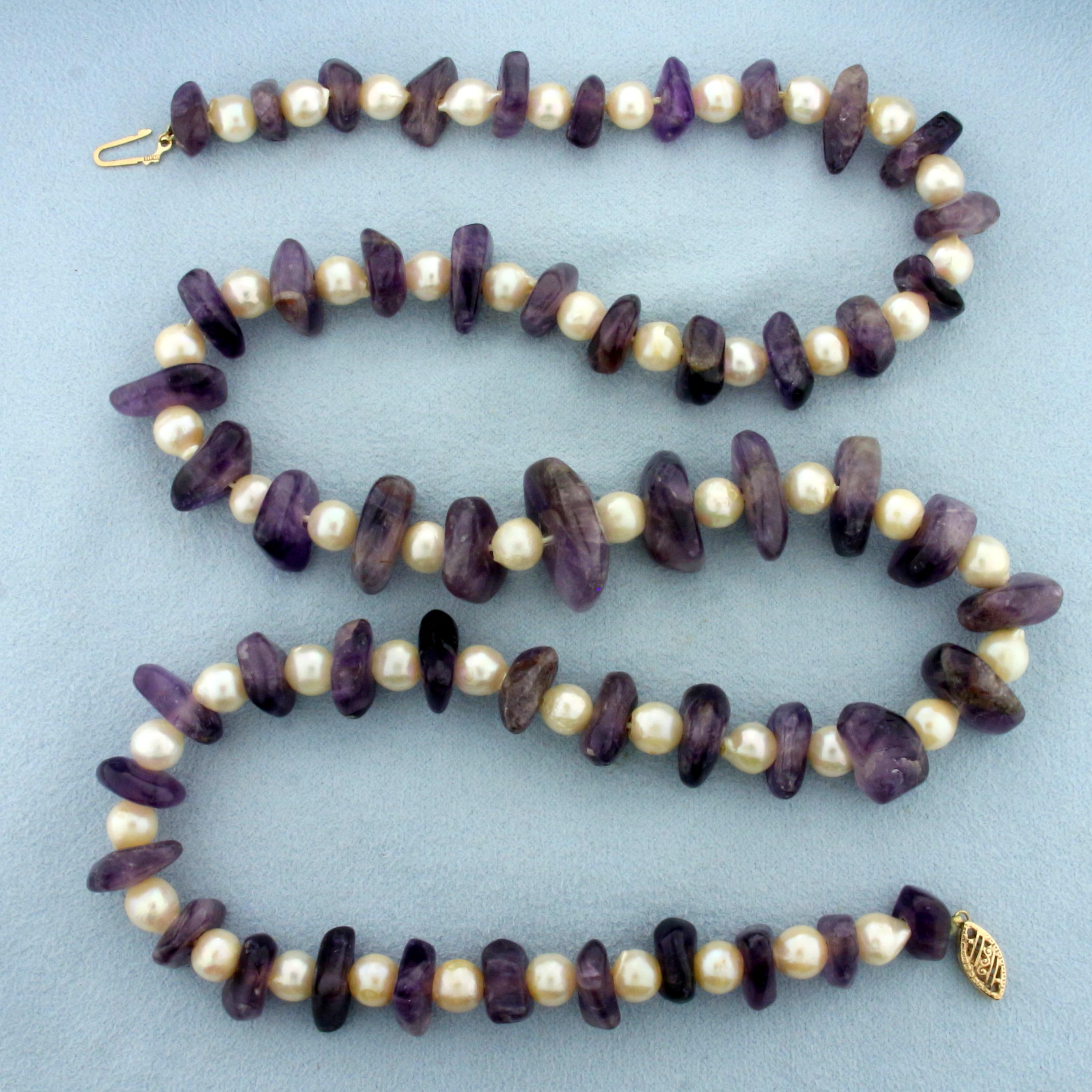 24 Inch Pearl And Amethyst Bead Necklace With 10k Yellow Gold Clasp