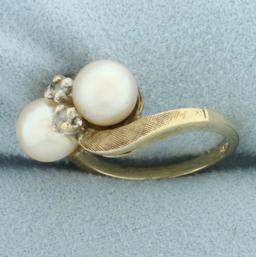 Akoya Pearl And White Sapphire Moi Et Toi Ring In 10k Yellow Gold