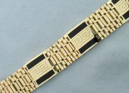 Mens Onyx Inlay Greek Key Bracelet In 14k Yellow Gold