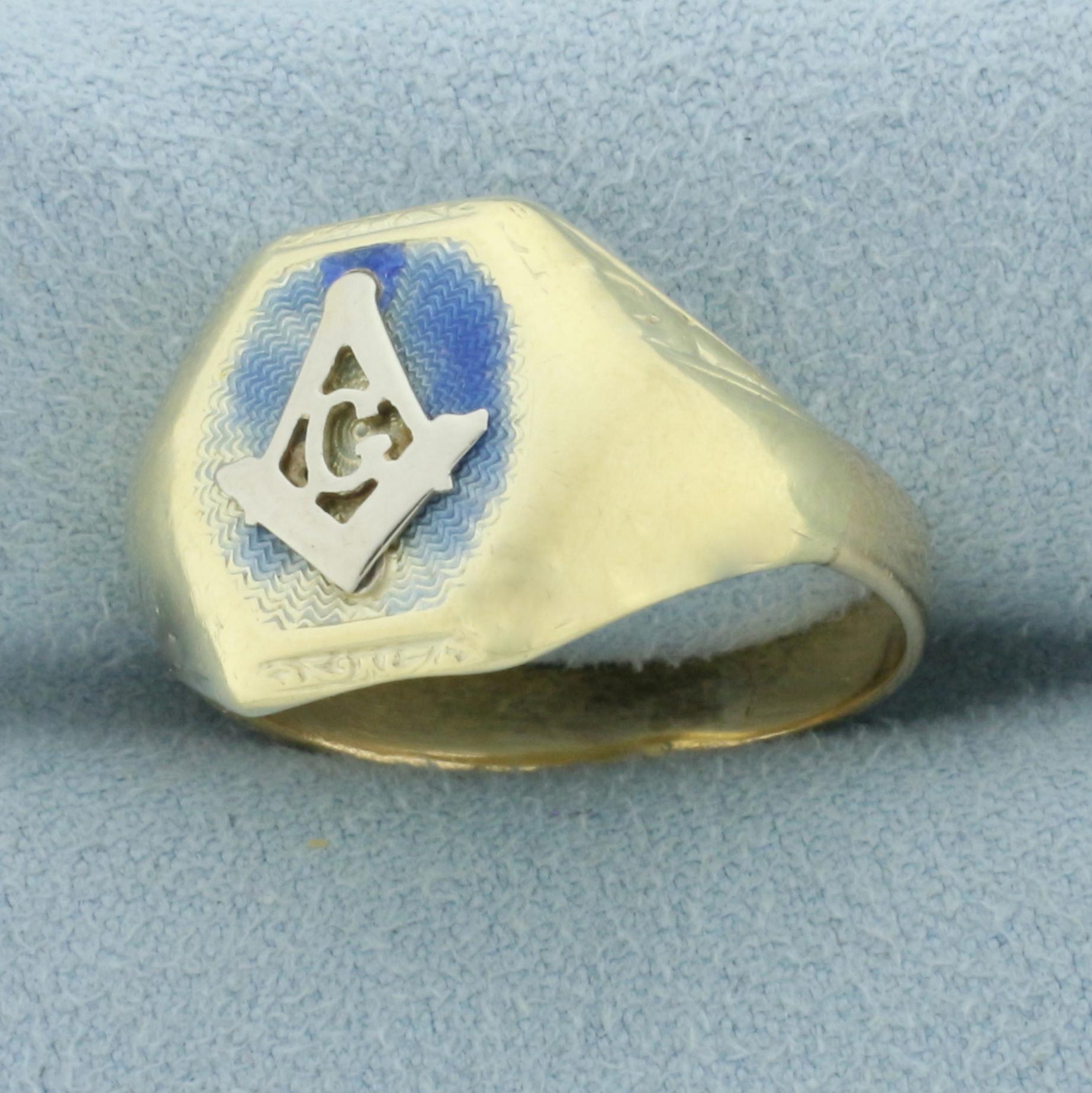 Vintage Mens Blue Enamel Masonic Ring In 14k Yellow Gold