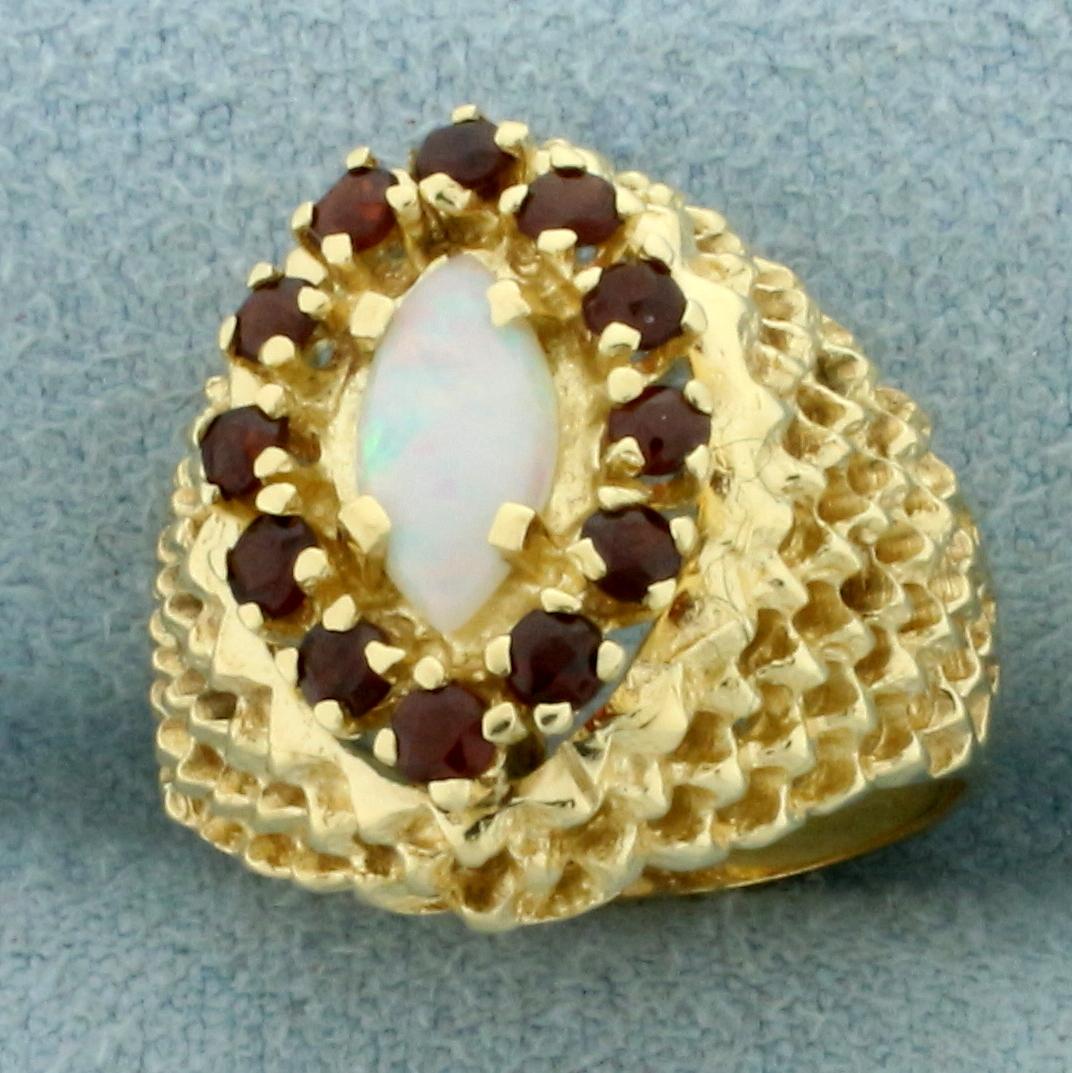 Opal And Garnet Basket Weave Ring In 14k Yellow Gold